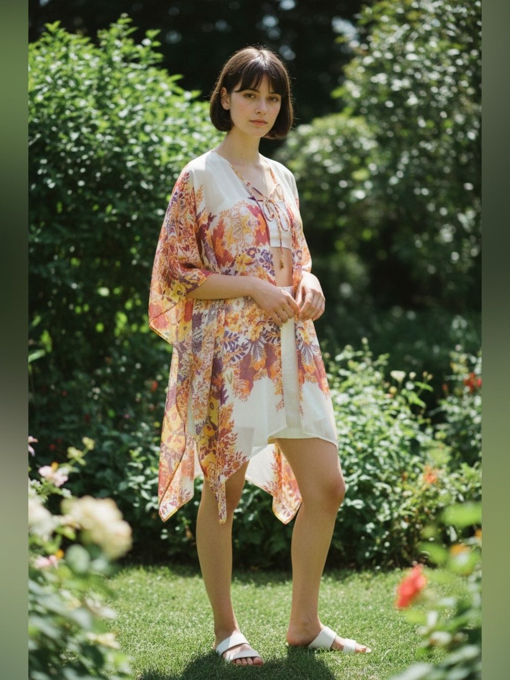 Paradise Orange White Printed Kaftan Style Viscose Cover-Up Tunic OS